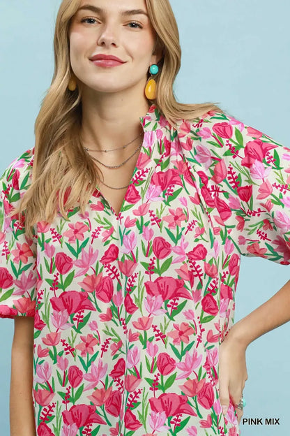 Pink Mix Floral Puff Sleeve Blouse with Scalloped Details by Umgee Close View