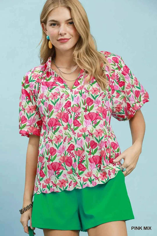 Pink Mix Floral Puff Sleeve Blouse with Scalloped Details by Umgee