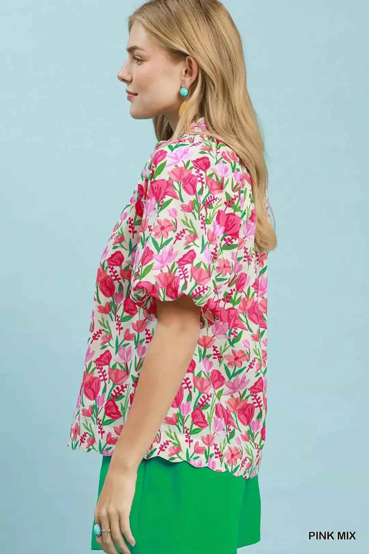Pink Mix Floral Puff Sleeve Blouse with Scalloped Details by Umgee