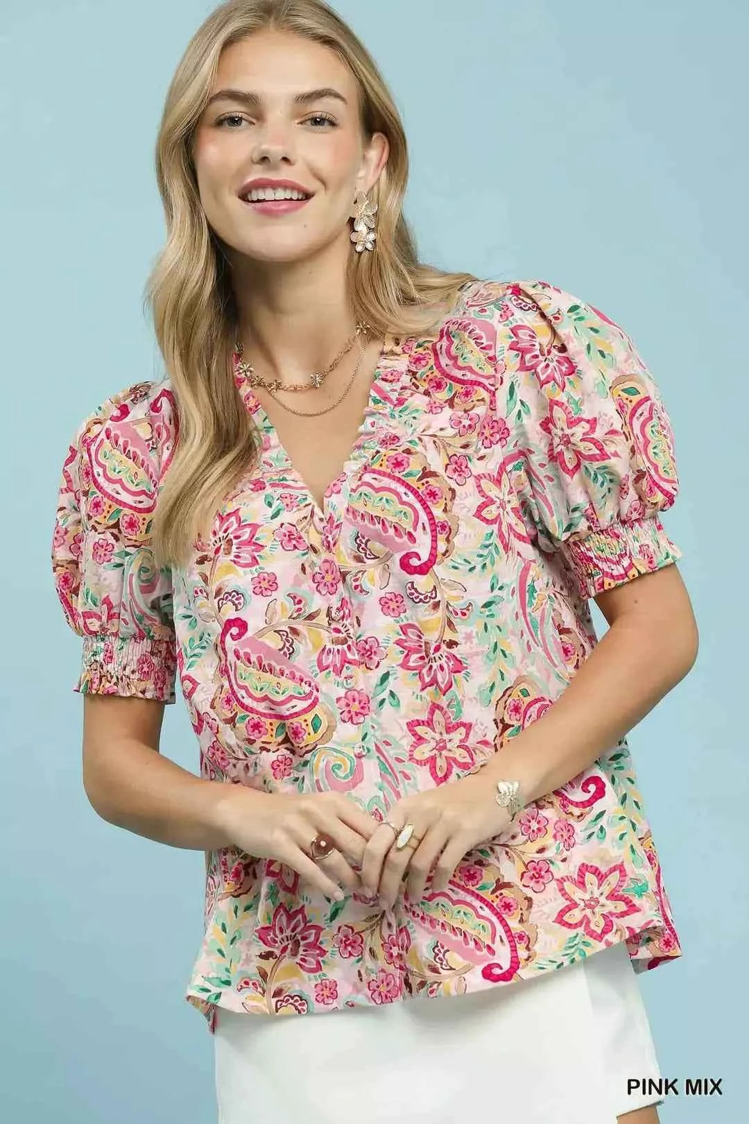 Pink Mix Paisley Floral Button Down Shirt by Umgee