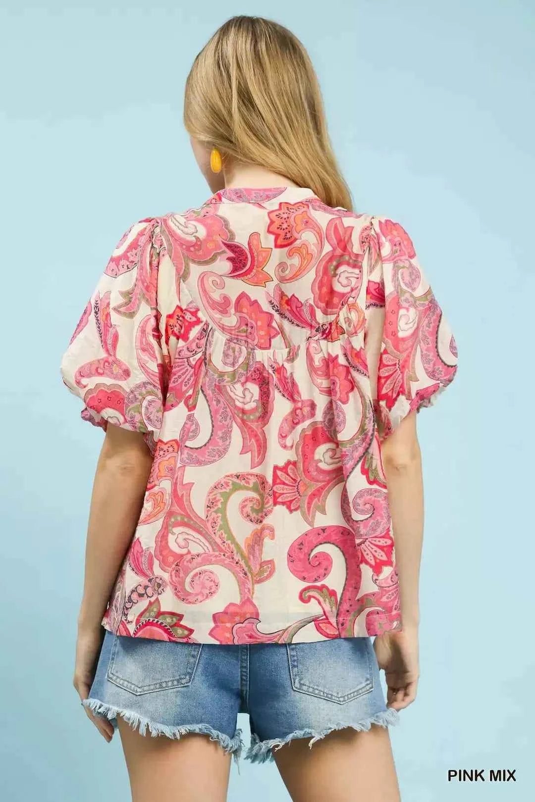 Umgee Mix Paisley Print Peasant Top with Tie Neck Back View
