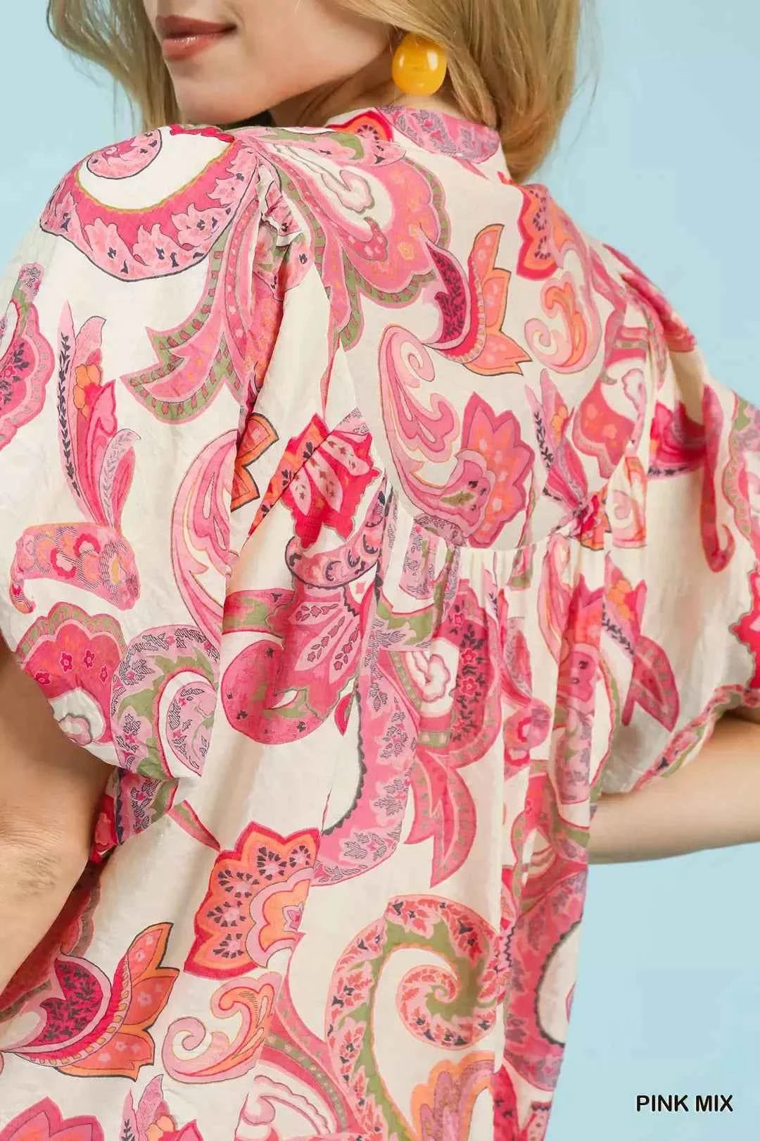 Umgee Mix Paisley Print Peasant Top with Tie Neck Close View