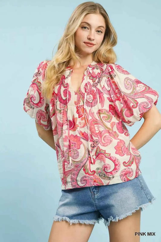Umgee Mix Paisley Print Peasant Top with Tie Neck Front View