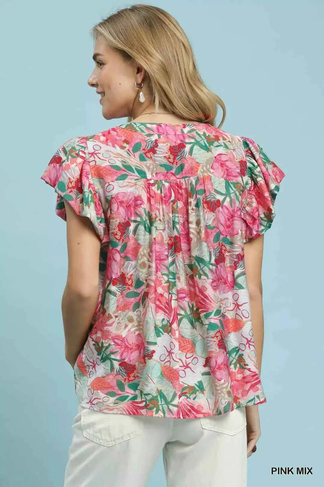 Pink Mix Tropical Print Blouse with Ruffle Cap Sleeves by Umgee Back View