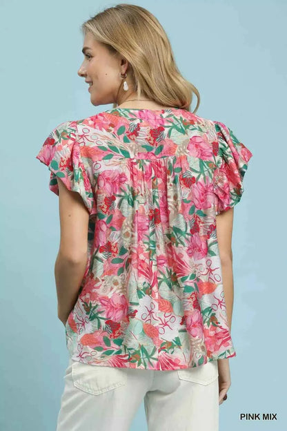 Pink Mix Tropical Print Blouse with Ruffle Cap Sleeves by Umgee Back View