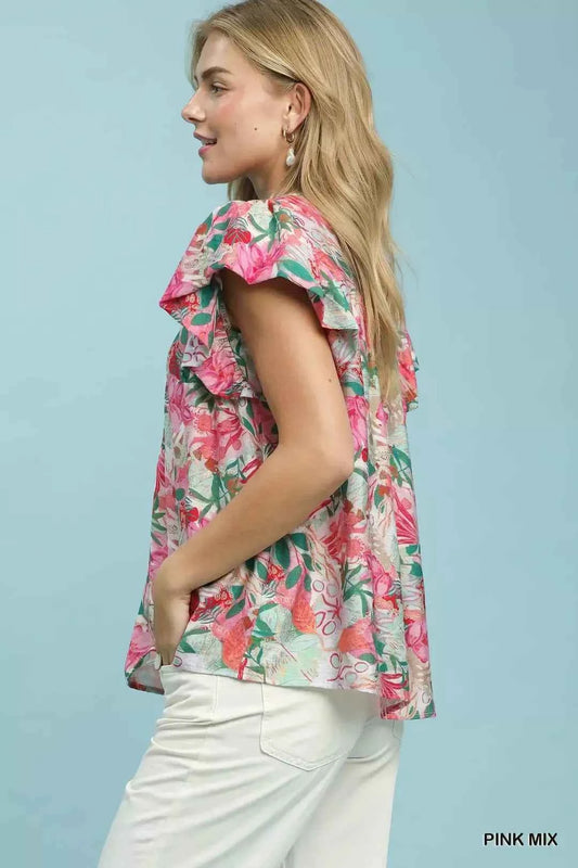 Pink Mix Tropical Print Blouse with Ruffle Cap Sleeves by Umgee Side View
