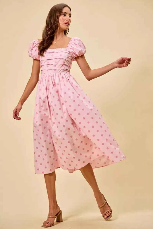 Pink Polka Dot Cotton Midi Dress Short Sleeve w/ Pockets by So Me