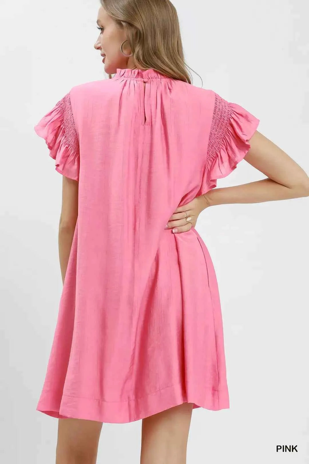 Pink Ruffle Flutter Sleeve Lined Dress with Pockets by Umgee Back View
