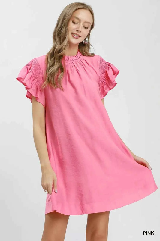 Pink Ruffle Flutter Sleeve Lined Dress with Pockets by Umgee Front View