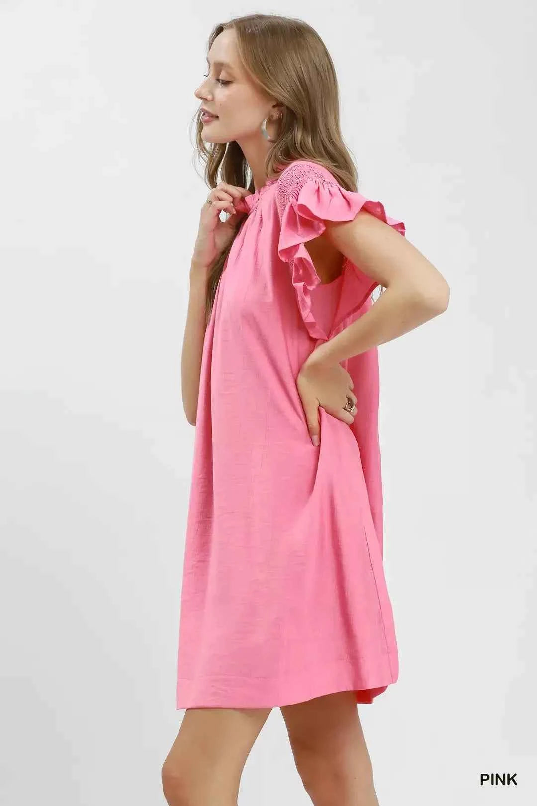 Pink Ruffle Flutter Sleeve Lined Dress with Pockets by Umgee Side View