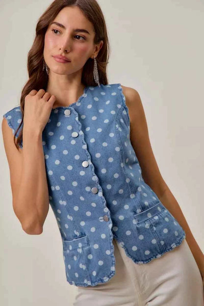 Polka Dot Denim Scallop Edge Button Down Vest Top by So Me