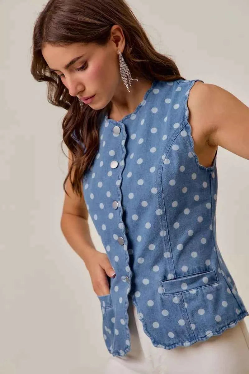 Polka Dot Denim Scallop Edge Button Down Vest Top by So Me