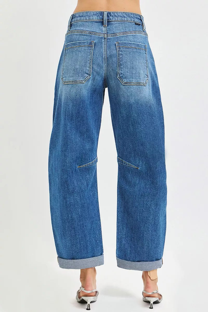 RISEN Slouchy Cropped Barrel Jeans With Cuffed Hem ~ Medium Wash Back