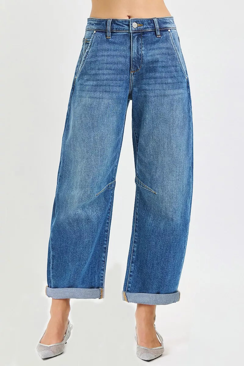 RISEN Slouchy Cropped Barrel Jeans With Cuffed Hem ~ Medium Wash Front