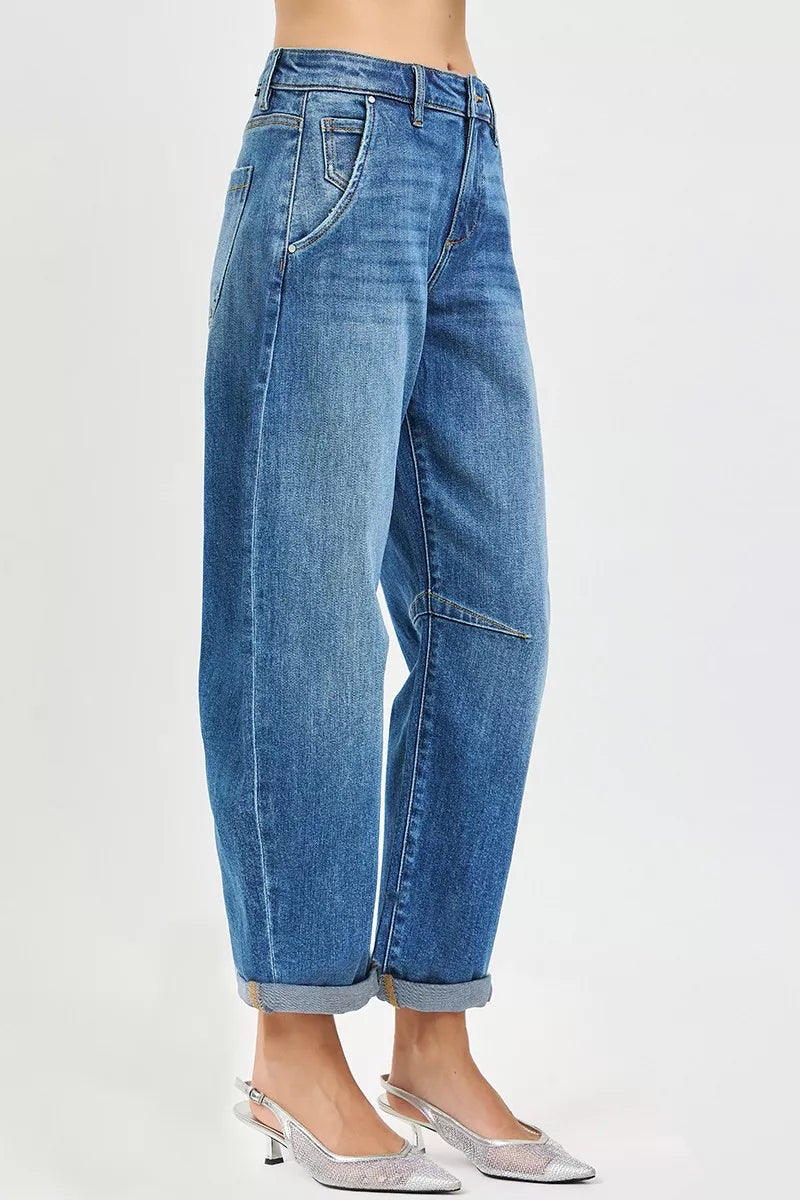 RISEN Slouchy Cropped Barrel Jeans With Cuffed Hem ~ Medium Wash Side
