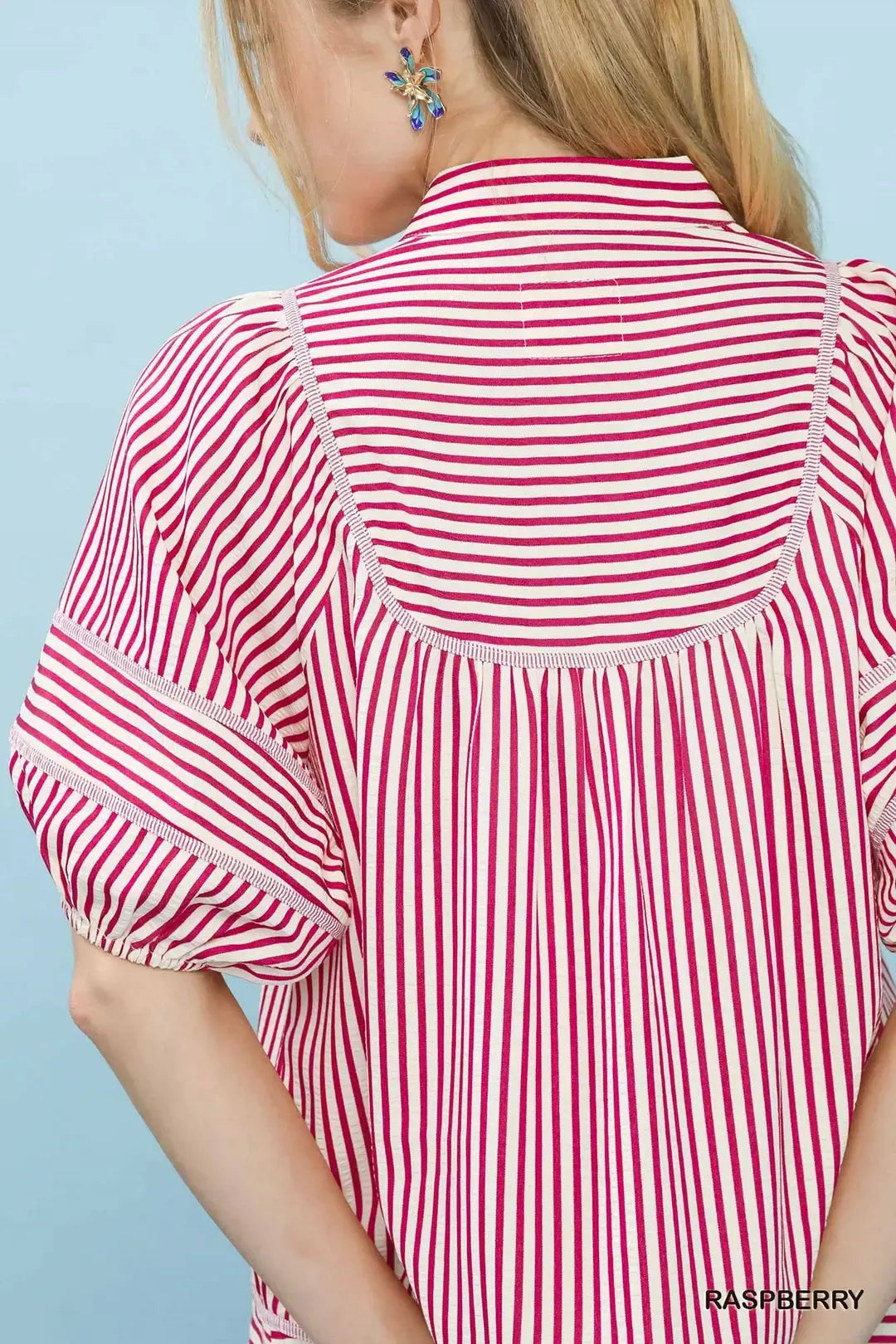 Raspberry Striped Puff Sleeve Babydoll Top by Umgee Back View