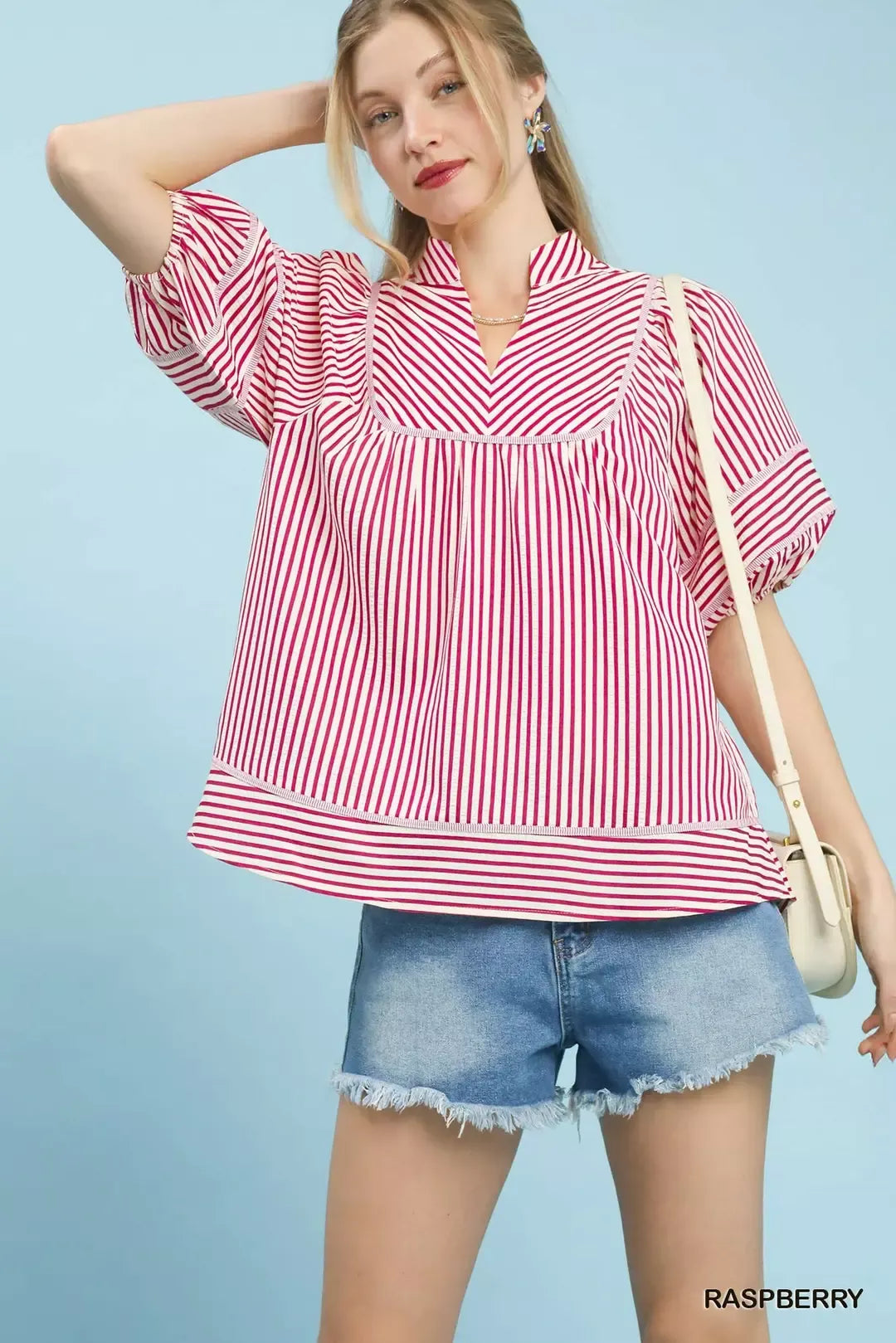 Raspberry Striped Puff Sleeve Babydoll Top by Umgee Front View