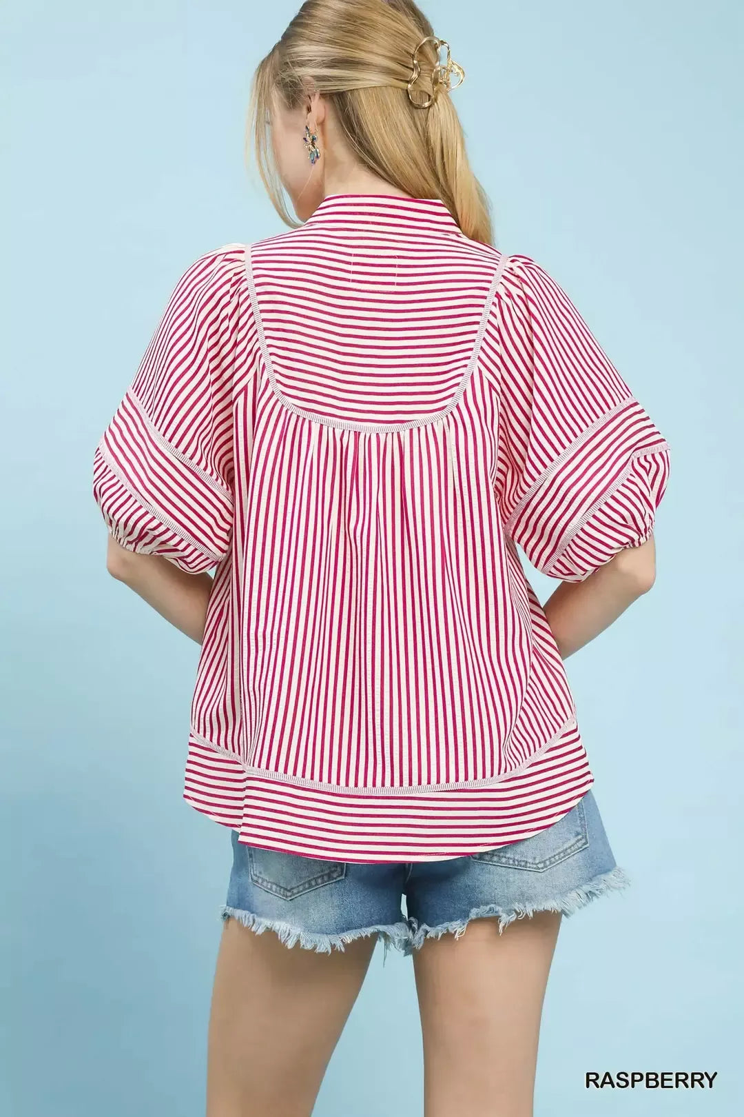 Raspberry Striped Puff Sleeve Babydoll Top by Umgee Full Back View