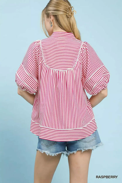 Raspberry Striped Puff Sleeve Babydoll Top by Umgee Full Back View