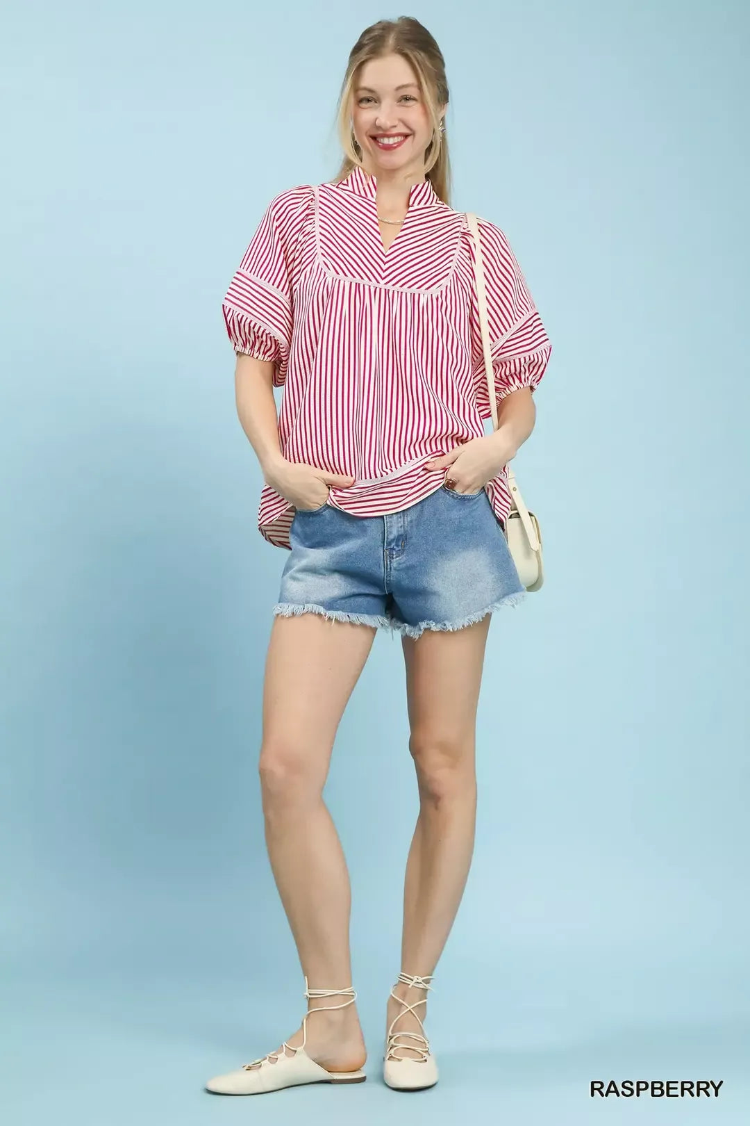 Raspberry Striped Puff Sleeve Babydoll Top by Umgee Full View