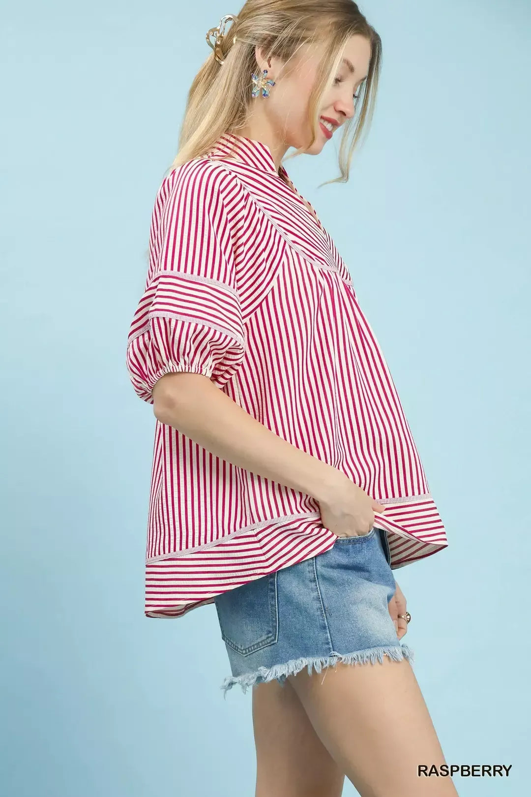 Raspberry Striped Puff Sleeve Babydoll Top by Umgee Side View