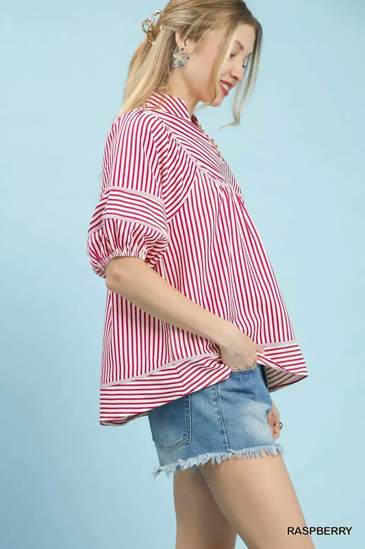 Raspberry Striped Puff Sleeve Babydoll Top by Umgee Side View