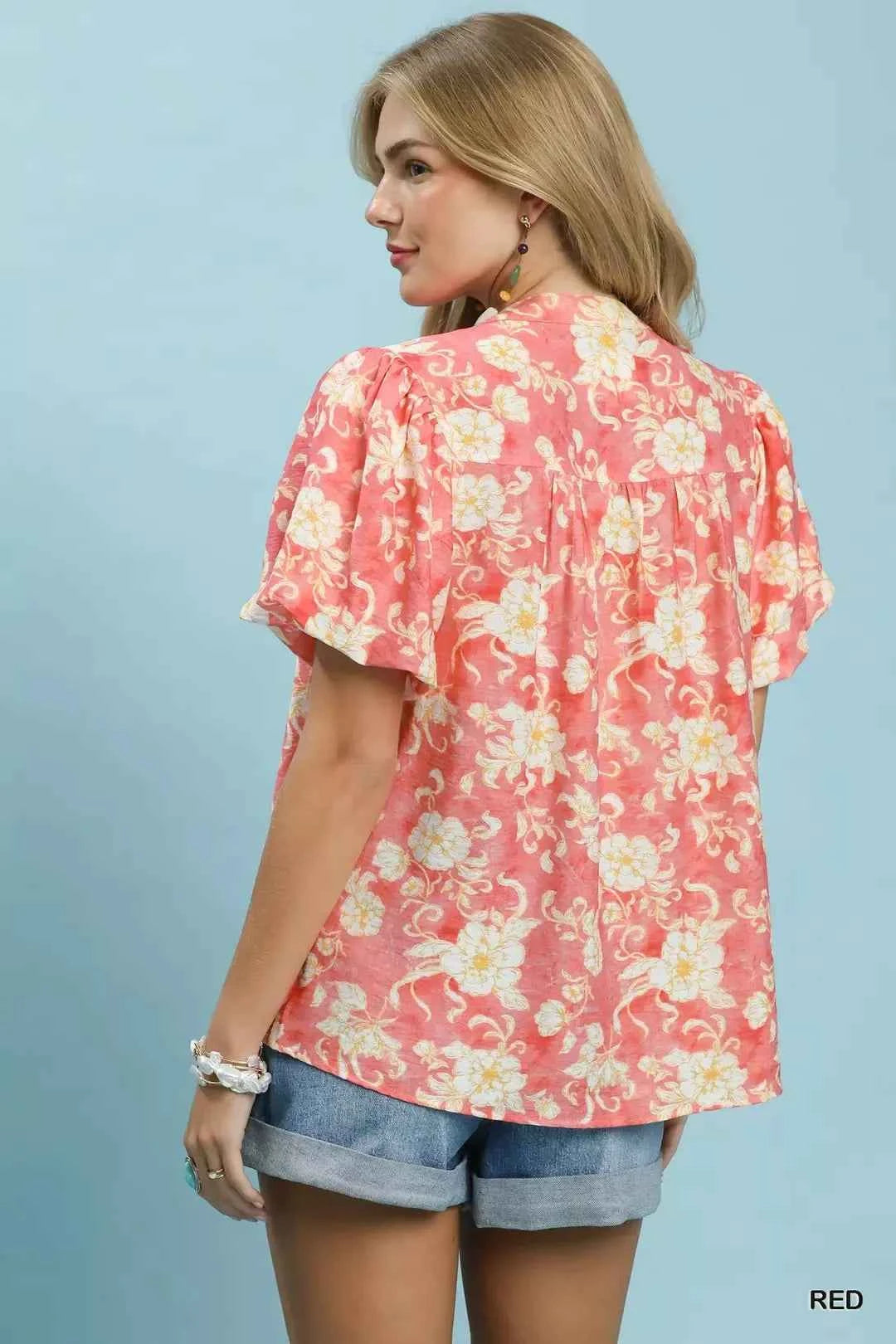Red Floral Button-Front Short Sleeve Shirt by Umgee