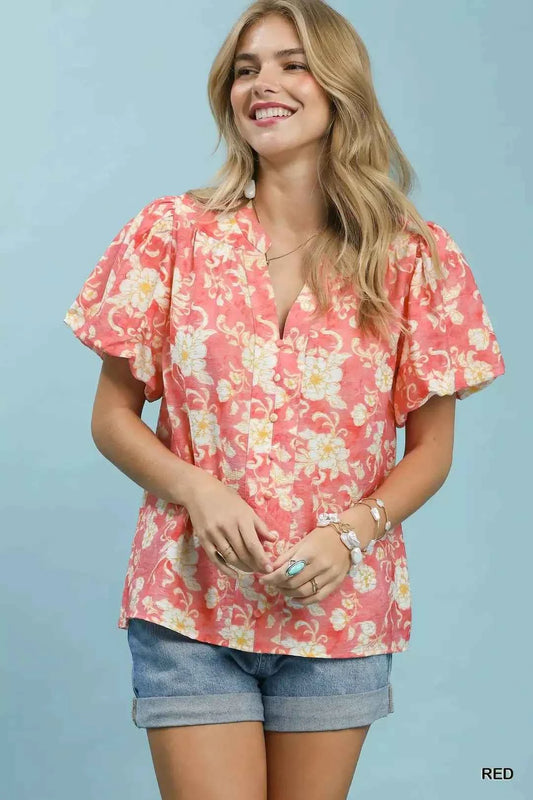 Red Floral Button-Front Short Sleeve Shirt by Umgee