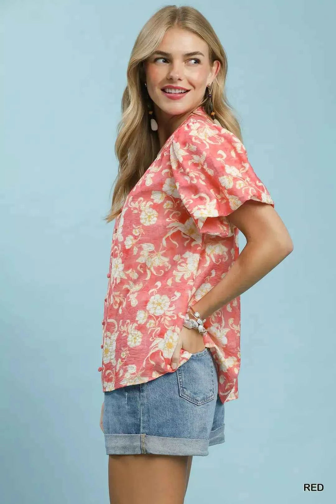 Red Floral Button-Front Short Sleeve Shirt by Umgee
