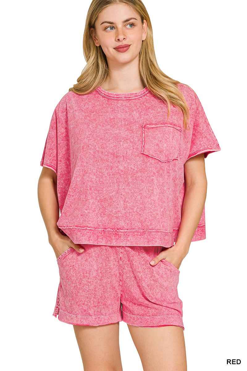 Red Halo Snow Washed Boxy Top & Shorts Set with Pockets by Zenana