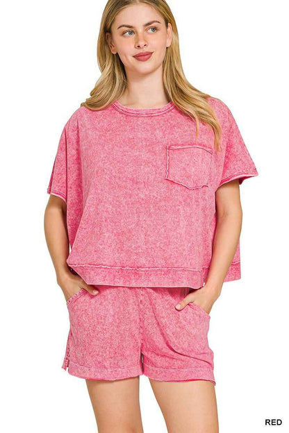 Red Halo Snow Washed Boxy Top & Shorts Set with Pockets by Zenana