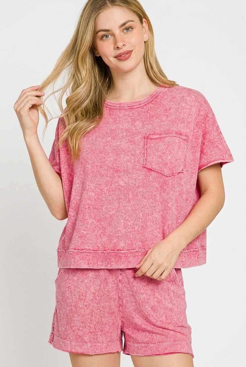 Red Halo Snow Washed Boxy Top & Shorts Set with Pockets by Zenana