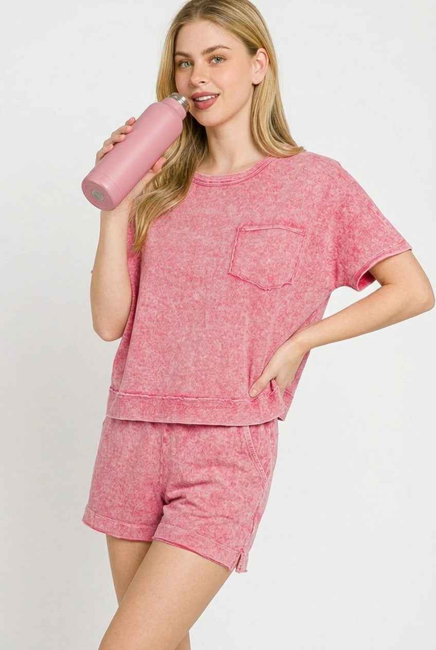 Red Halo Snow Washed Boxy Top & Shorts Set with Pockets by Zenana