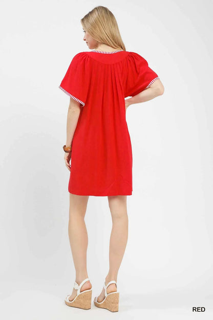Red Linen Blend Tunic Dress with Flutter Sleeves by Umgee