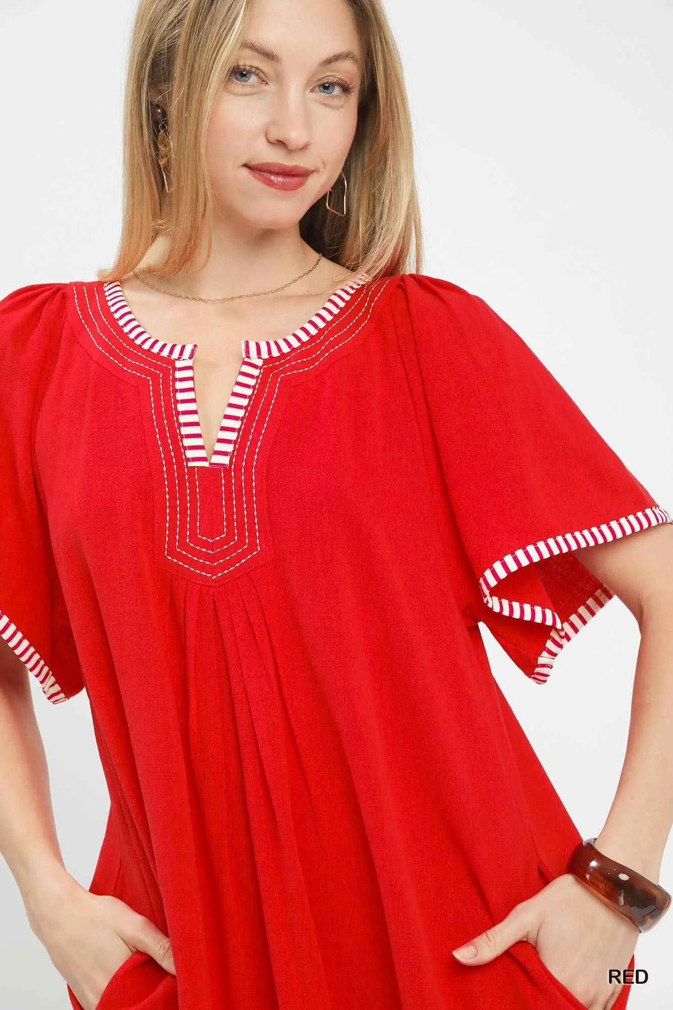 Red Linen Blend Tunic Dress with Flutter Sleeves by Umgee