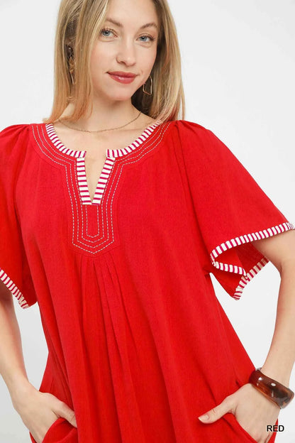 Red Linen Blend Tunic Dress with Flutter Sleeves by Umgee