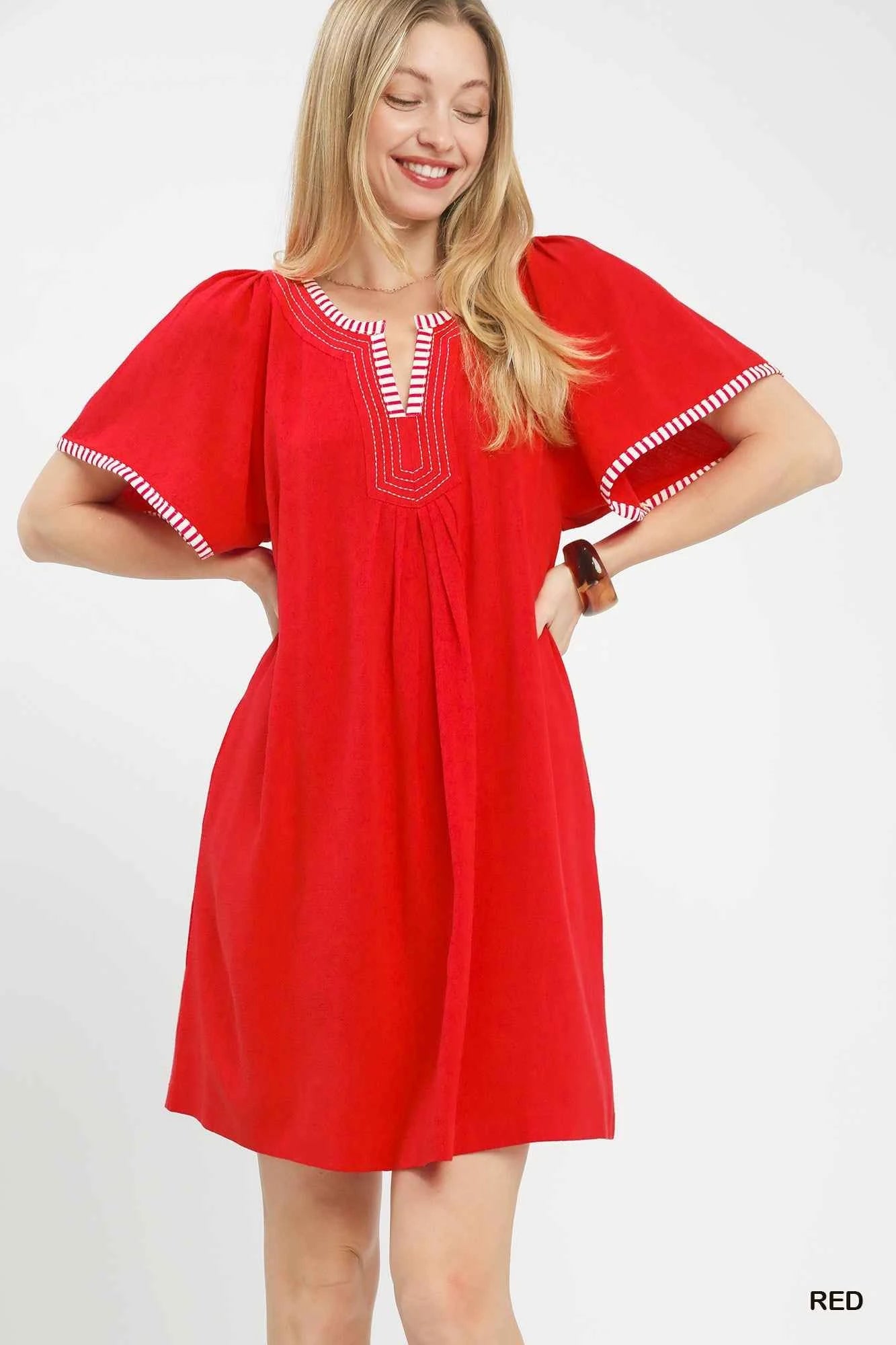Red Linen Blend Tunic Dress with Flutter Sleeves by Umgee