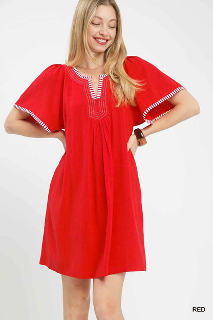 Red Linen Blend Tunic Dress with Flutter Sleeves by Umgee