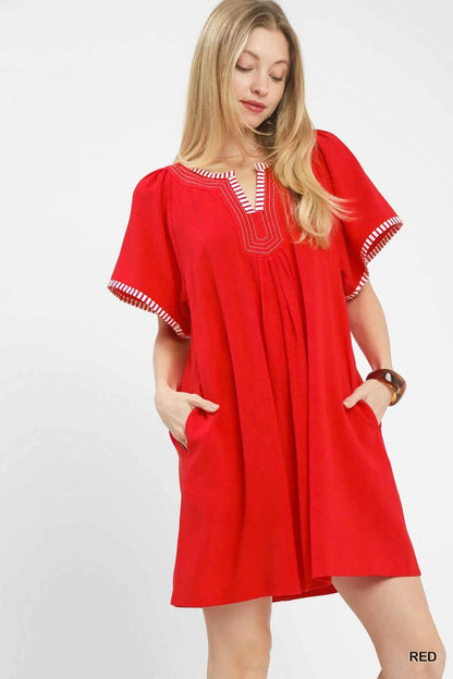 Red Linen Blend Tunic Dress with Flutter Sleeves by Umgee