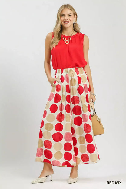 Red Mix Dot Print Wide Leg Pants with Pockets by Umgee Full view
