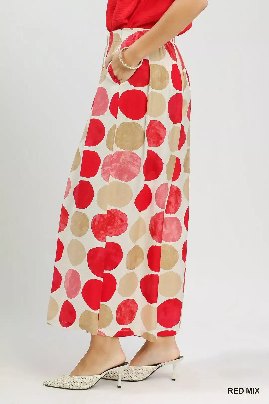 Red Mix Dot Print Wide Leg Pants with Pockets by Umgee Side View