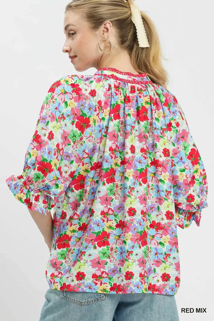 Red Mix Floral Print Ruffle Top by Umgee Back View