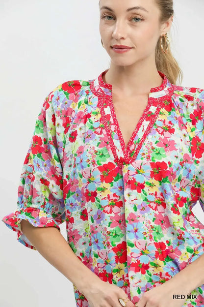 Red Mix Floral Print Ruffle Top by Umgee Close View