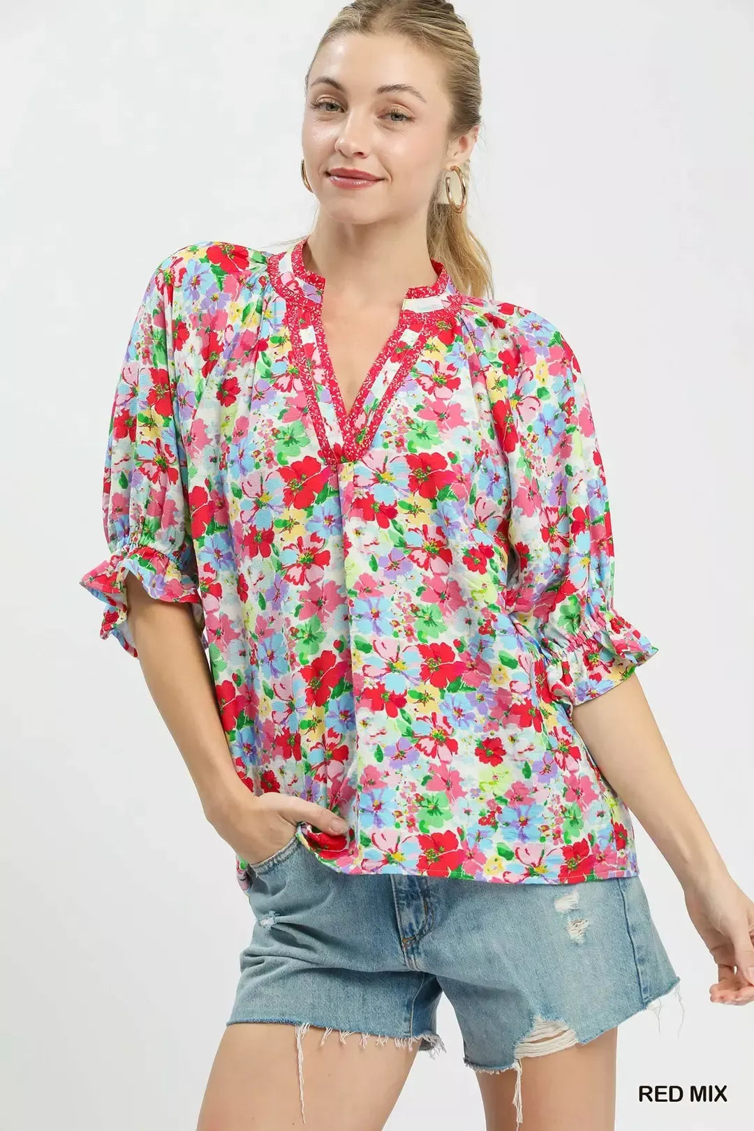 Red Mix Floral Print Ruffle Top by Umgee Front View