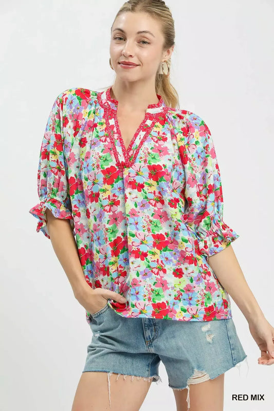Red Mix Floral Print Ruffle Top by Umgee Front View