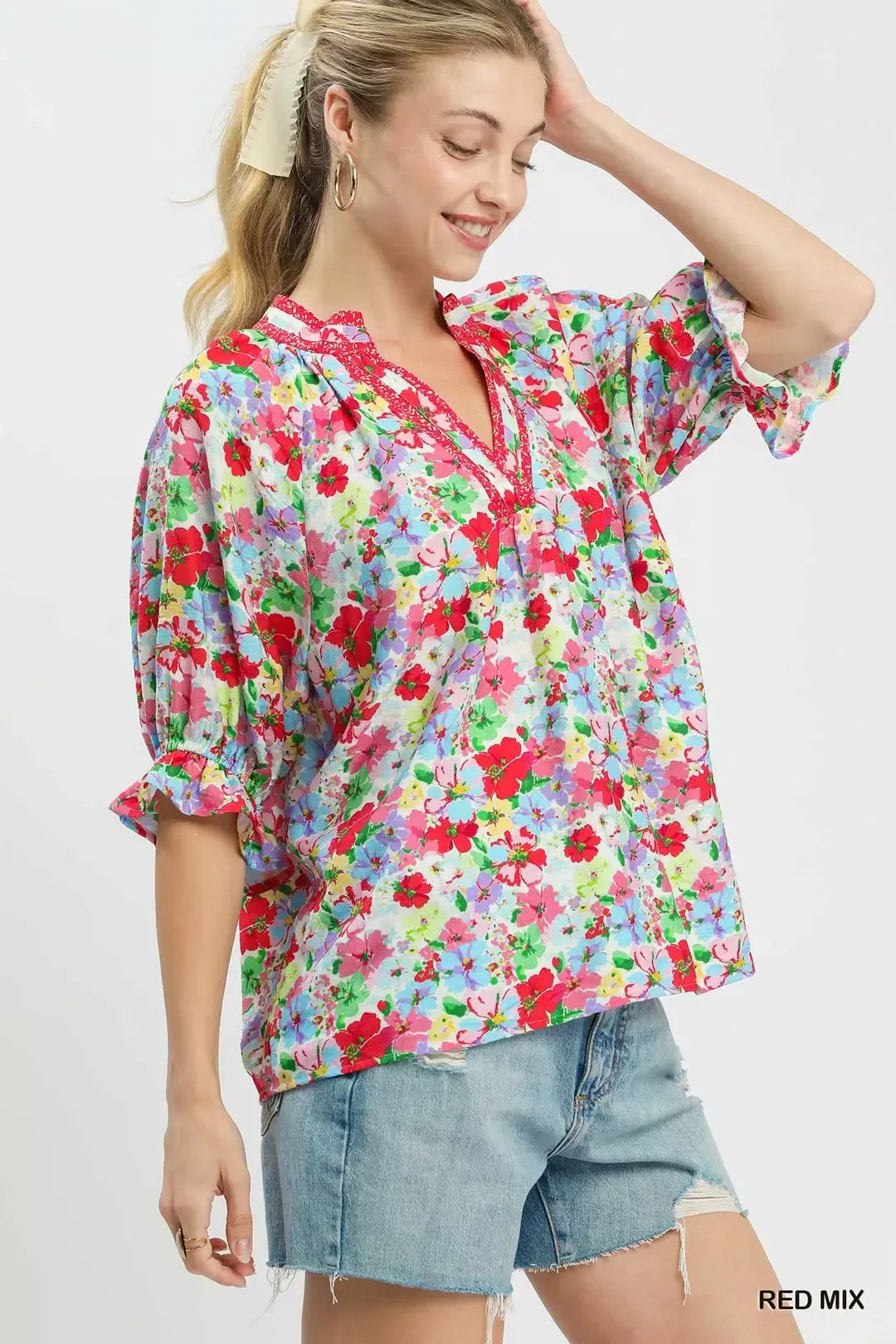 Red Mix Floral Print Ruffle Top by Umgee Side View
