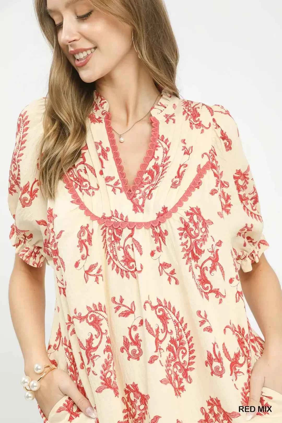 Umgee Mix Paisley Scallop Trim Dress Close View