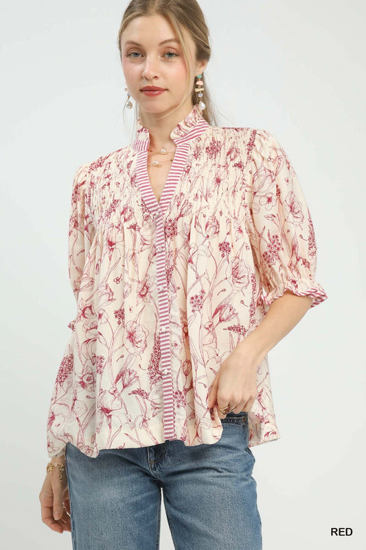 Red Mixed Print Button Front Top by Umgee Front View