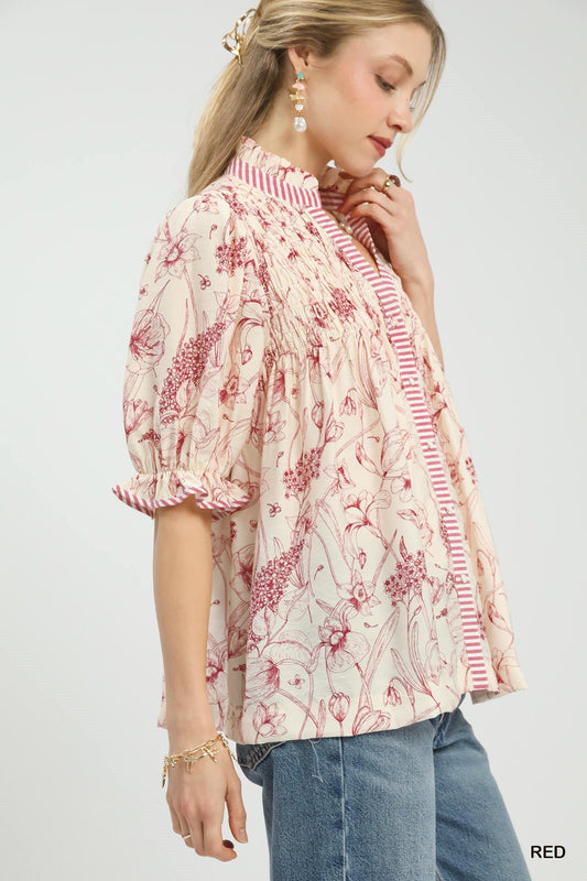 Red Mixed Print Button Front Top by Umgee Side View