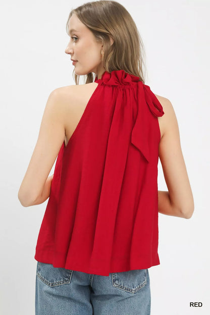 Red Tie-Neck Ruffle Halter Boho Top by Umgee Back View